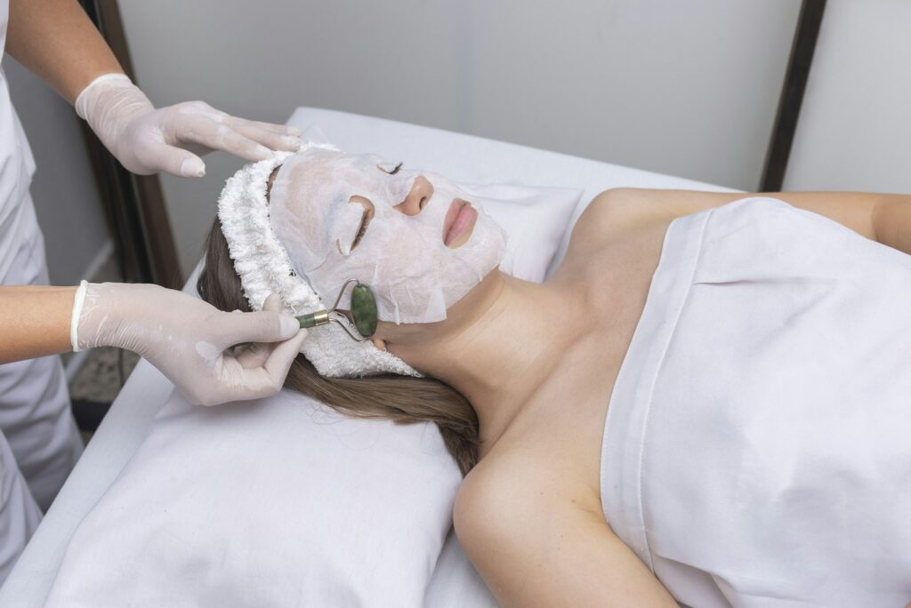 Closeup of a facial aesthetic massage for skin hydration. 